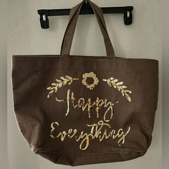 Olive & Hill Large sequin “Happy Everything” 100% Jute Tote. - Picture 1 of 16